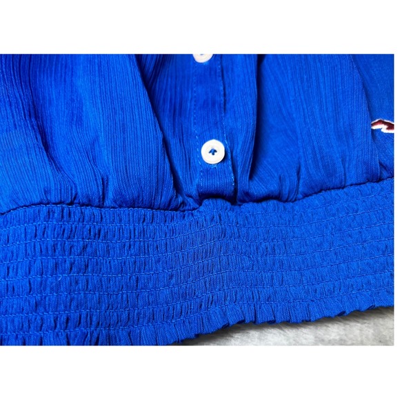 Hollister Womens Size XS Blue Ruffle Peasant Blouse Y2K Boho Smocked Waist Sheer - Picture 13 of 13